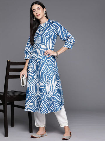 Blue & White Abstract Printed A-Line Kurta With Bishop Sleeves